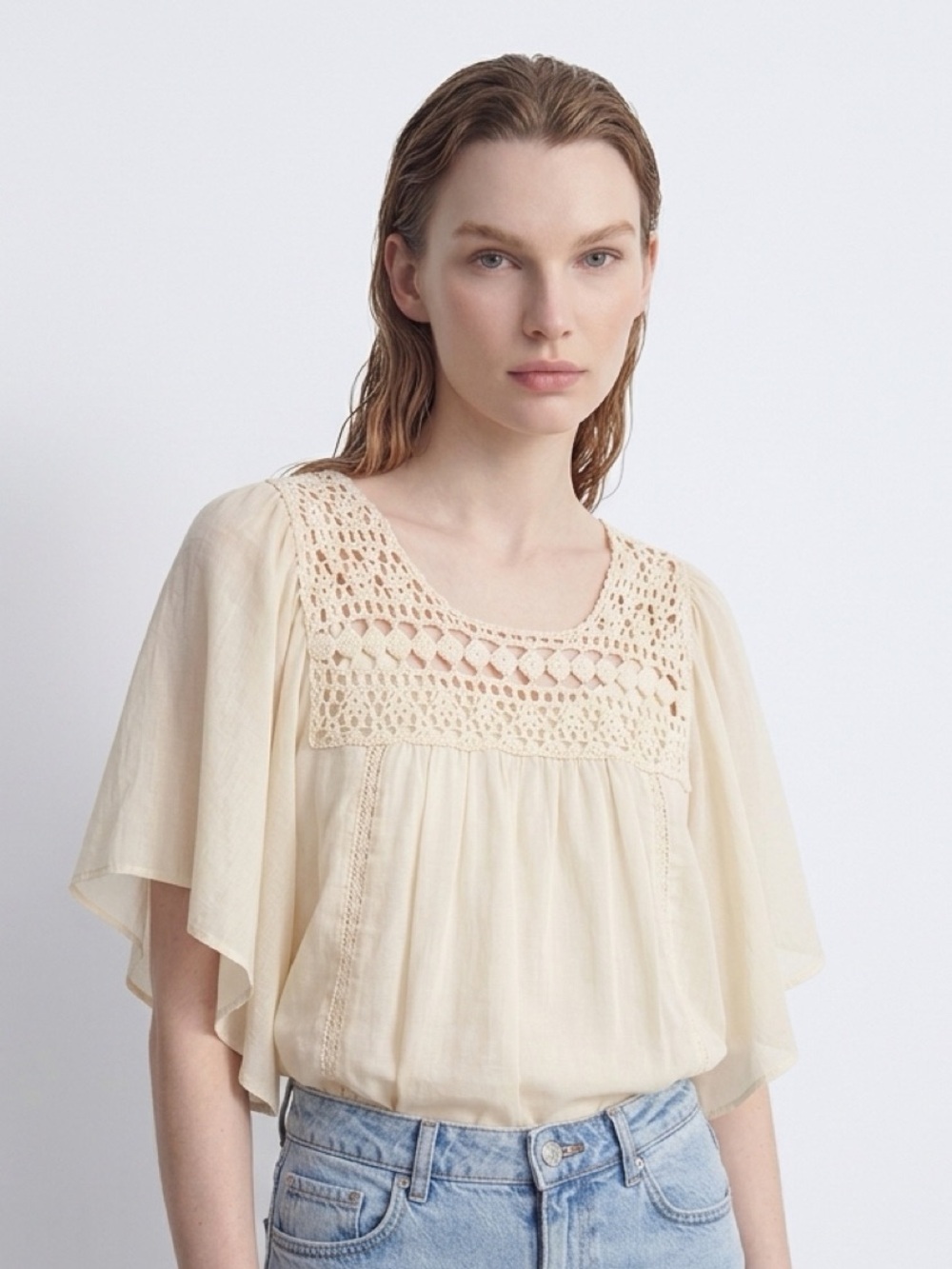 NWT Pinky XXL Cream Crochet Yoke Flutter Sleeve Top